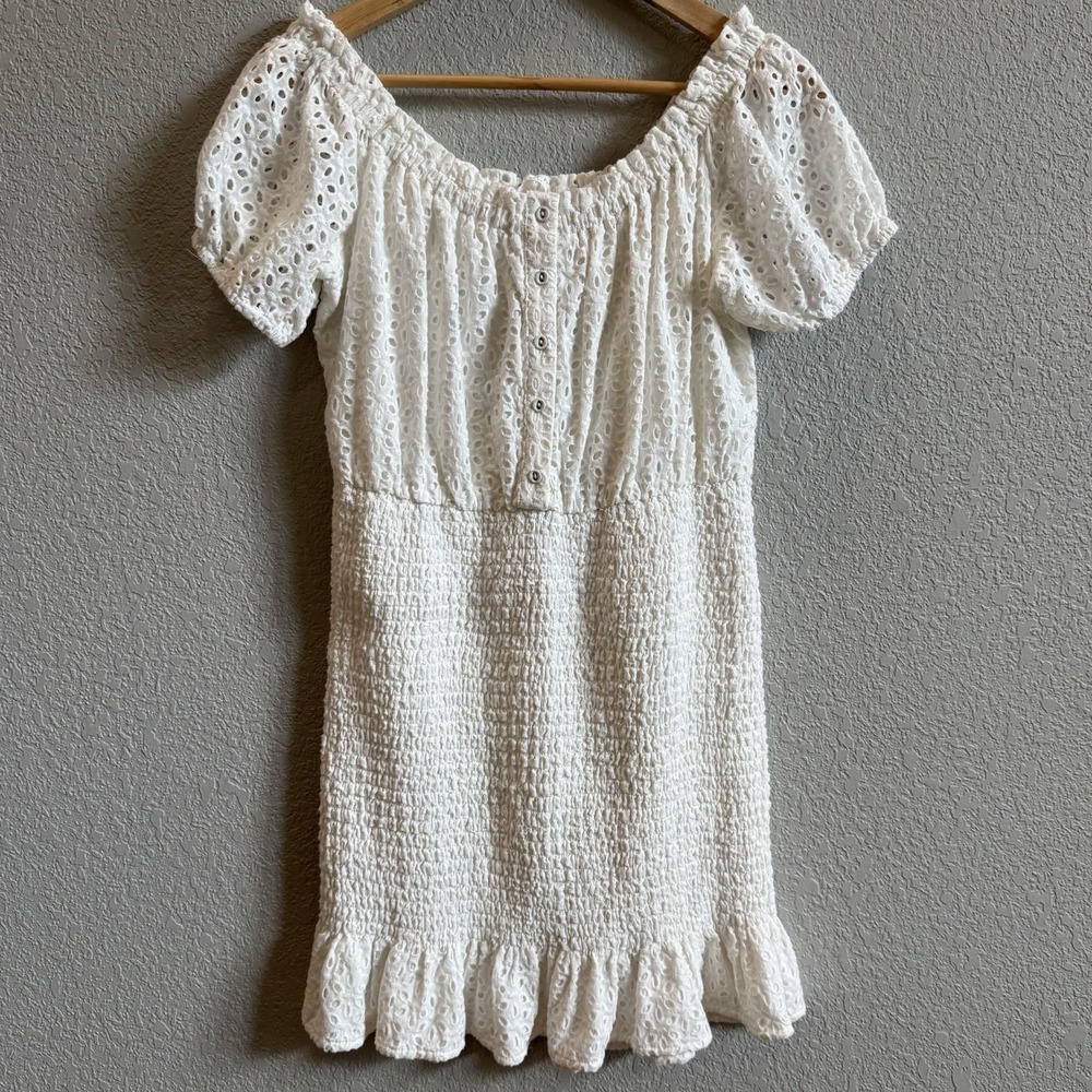 ASTR The Label Dress Ivory Smocked Ruffle Eyelet Mini NWOT Bridal Graduation